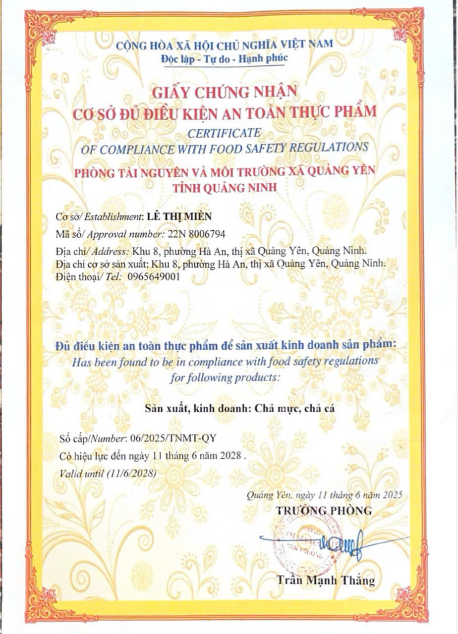 Giấy chứng nhận cơ sở đủ điều kiện an toàn thực phẩm - chả mực Hạ Long - Ngon Seafood Giấy chứng nhận cơ sở đủ điều kiện an toàn thực phẩm - chả mực Hạ Long - Ngon Seafood